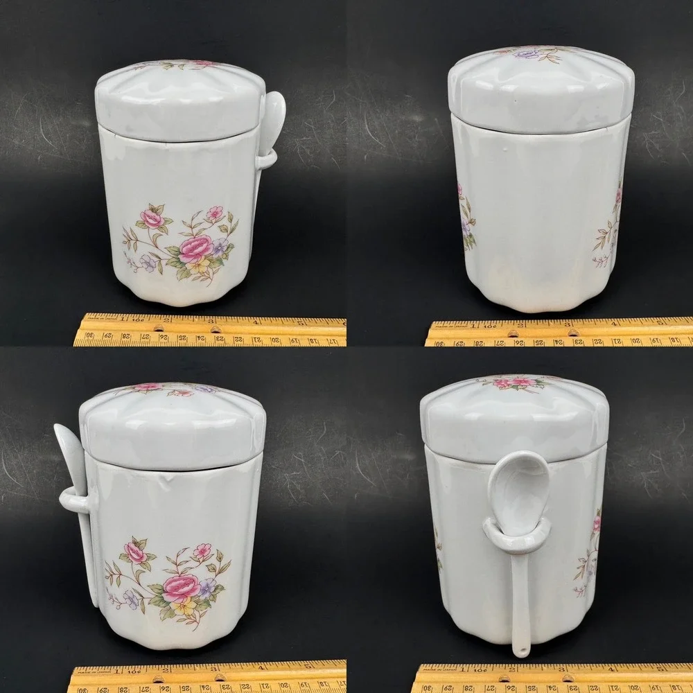 1Vtg 80s FTDA White Ceramic Floral Canister Jar w Lid Spoon Holder Tabletop READ